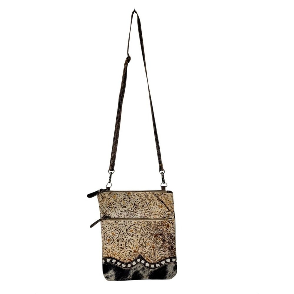 Myra Bag Tooled Embossed Leather Cowhide Detail Crossbody Purse in Tan